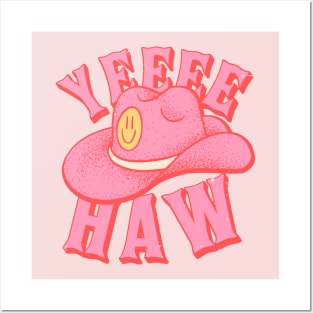 Yeehaw | Pink Cowboy hat with Yellow Smiley Face Cowgirl YEE HAW Posters and Art